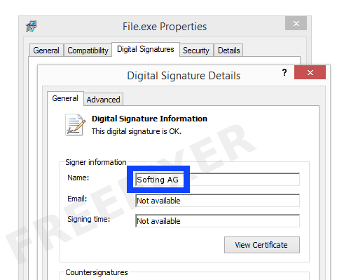 Screenshot of the Softing AG certificate